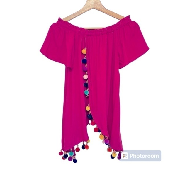 Love Riche Tops - Love Riche NWT Pink Multi Off Shoulder Top Pom Pom Size Small